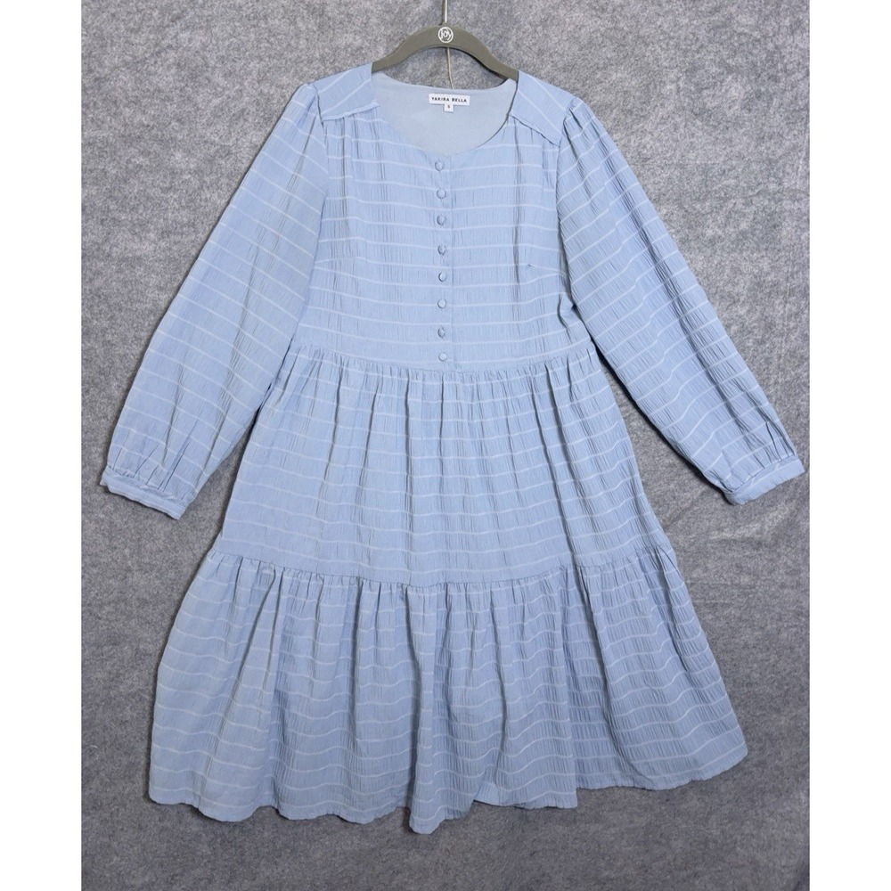 Yakira Bella Tiered Ruffle Dress Women Sz S Blue Striped Lined Lightweight Flowy